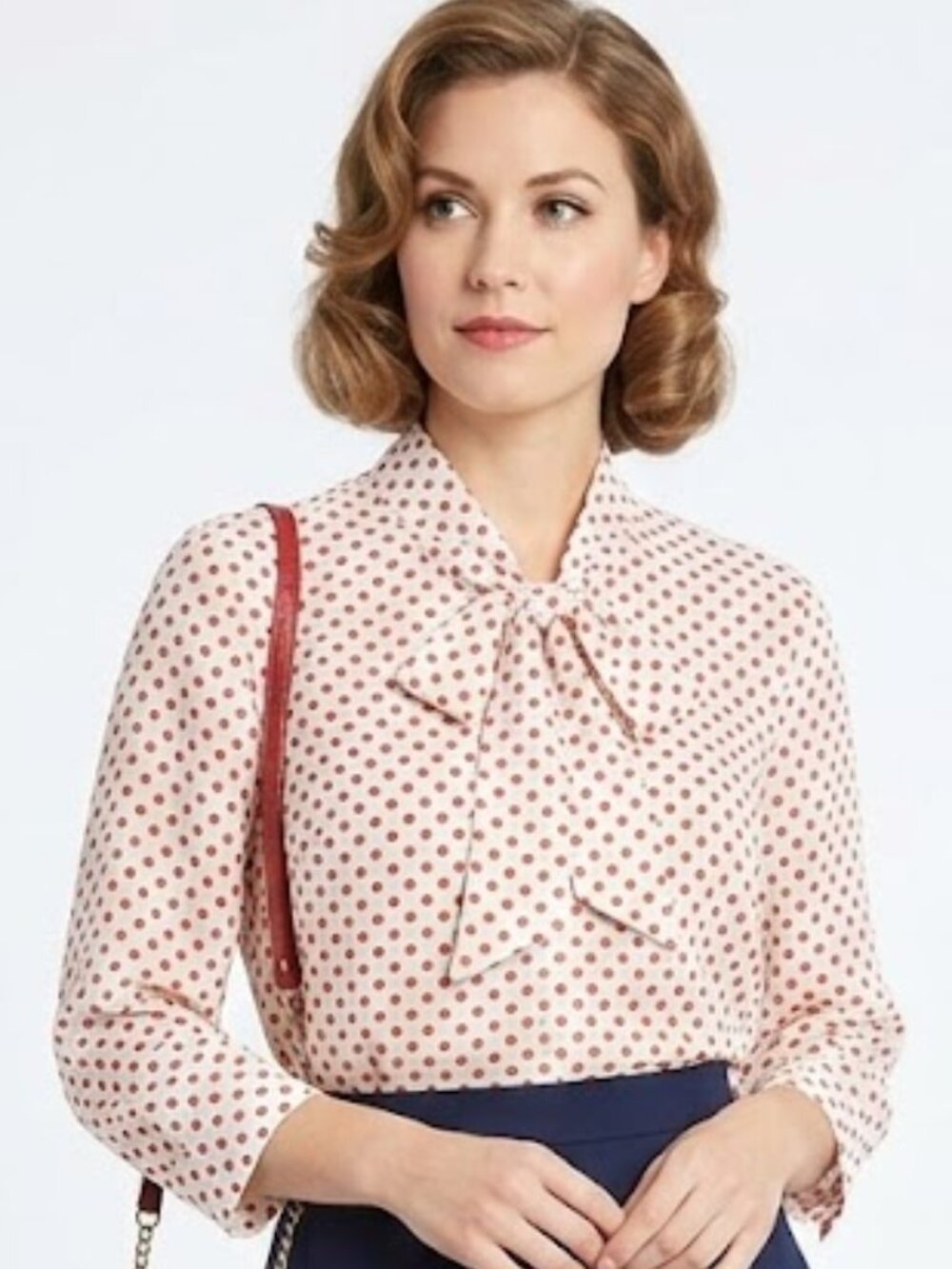 ModCloth Polka Dot Blouse Size XL Ivory Red Blue Pussycat Bow V-Neck Retro